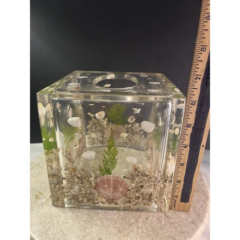 1970's Lucite Acrylic Tissue Box Cover Holder Embedded 6x6Sea Shells Beach Theme